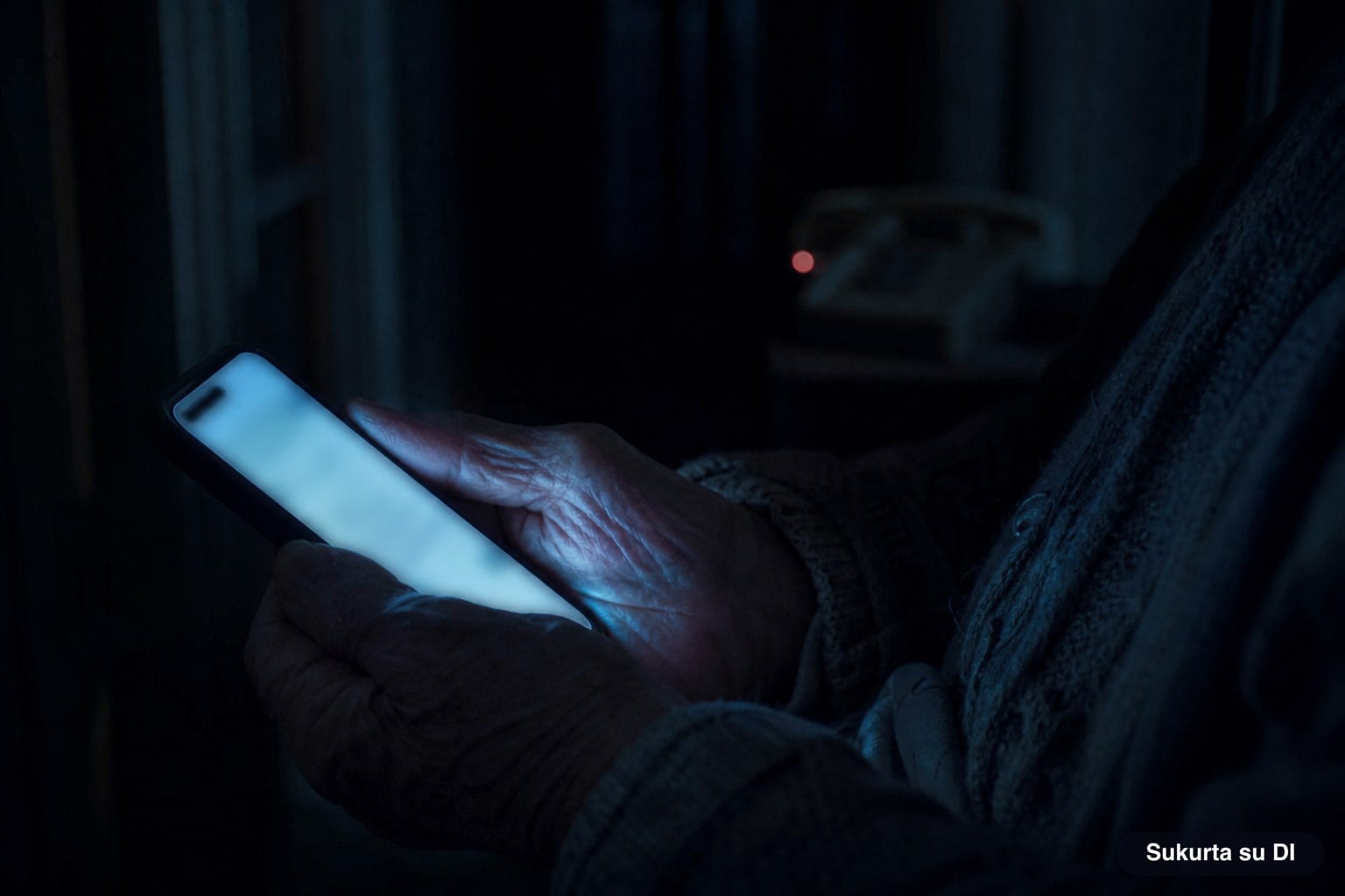 Vyresnio žmogaus rankos tamsoje laiko šviečiantį išmanųjį telefoną