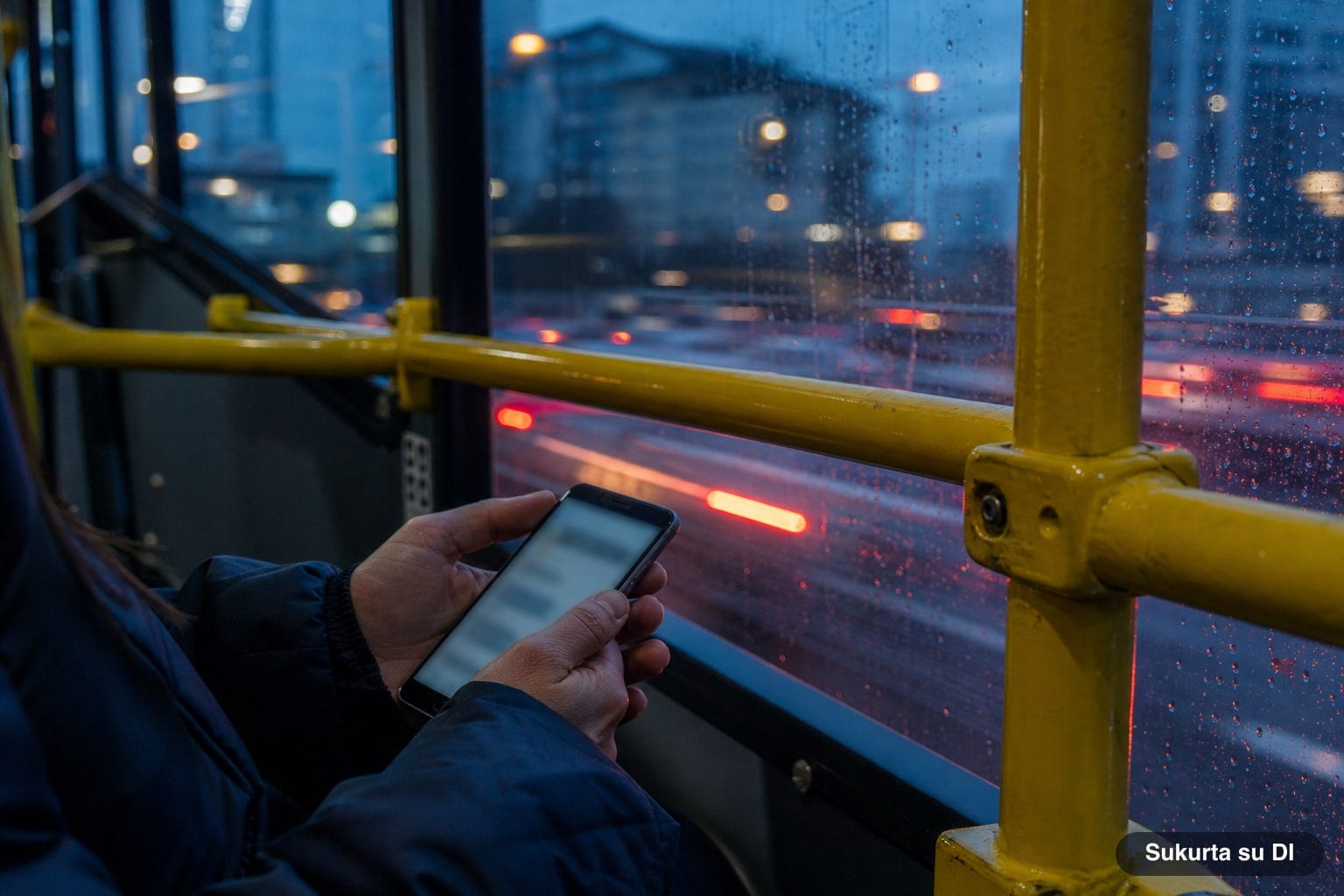 Keleivio rankos su išmaniuoju telefonu troleibuse vakare, geltoni turėklai ir miesto šviesos už lietaus aplašėjusio lango